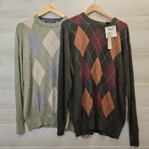 {L} LOT OF 2 Northern Isles Silk Rayon Cashmere Argyle Sweater
